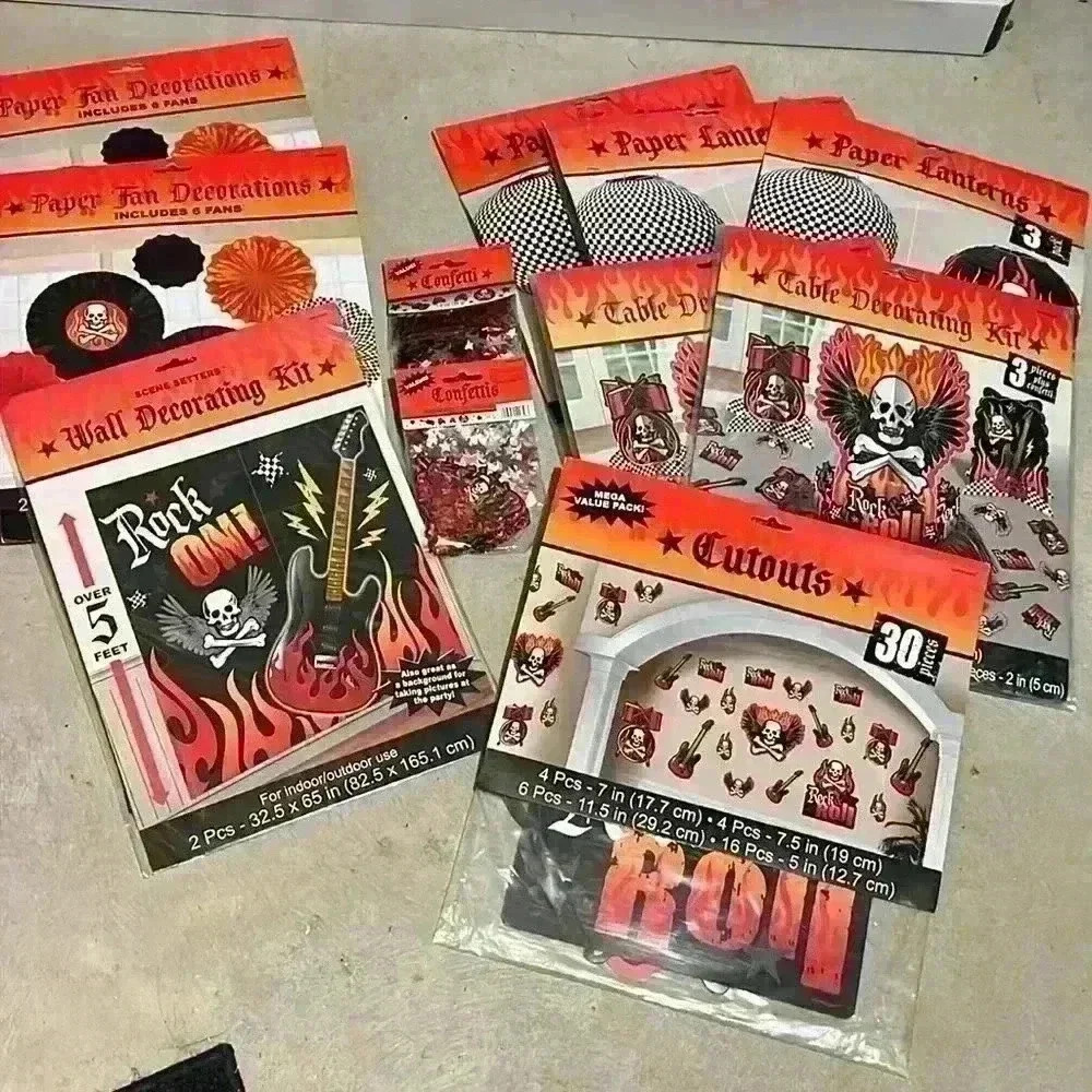 HUGE Rock N Roll Party Lot Decor Banner table toppers, scene setter lanterns